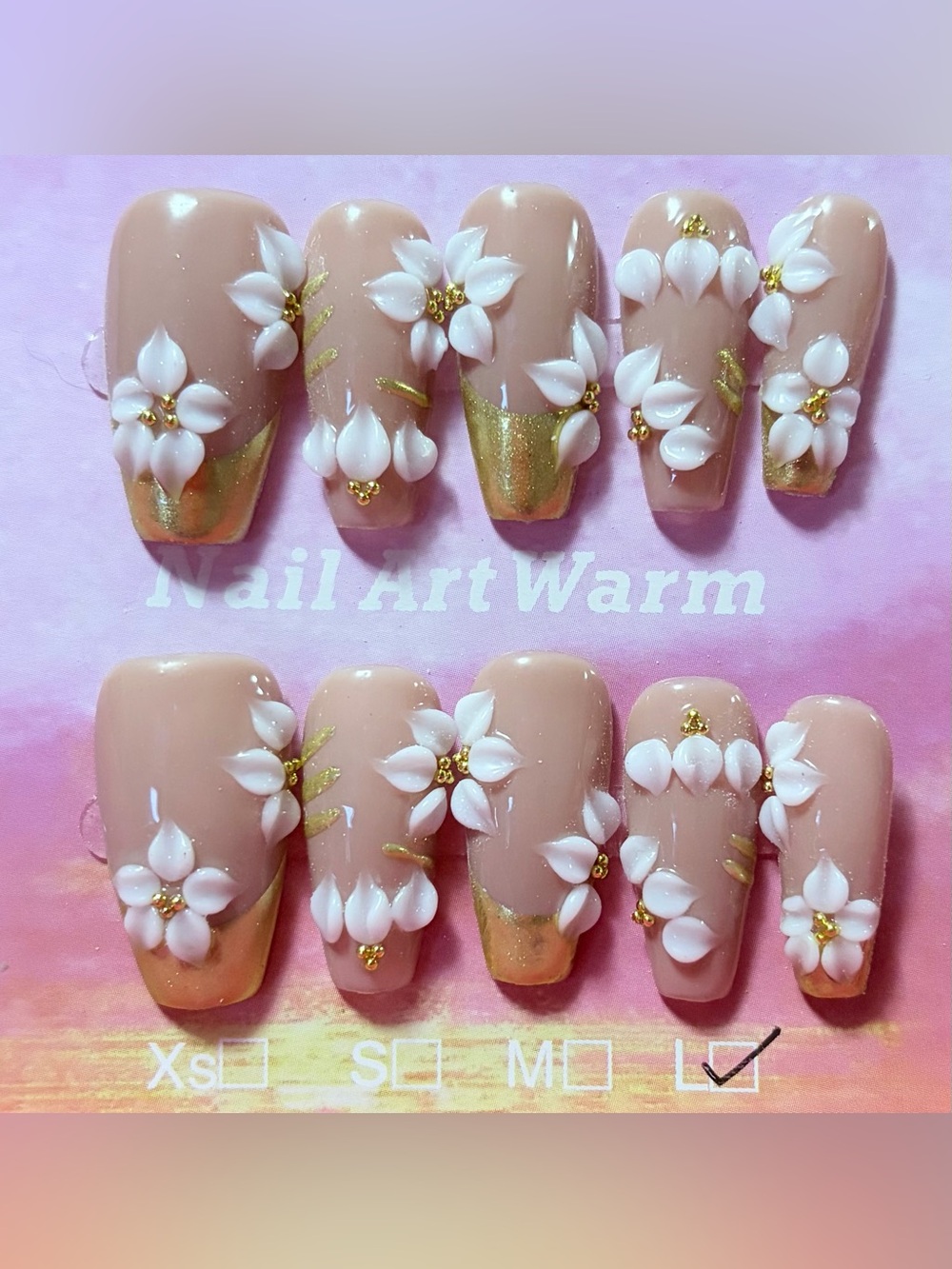 Floral Nude and Gold Press-On Nail Set by